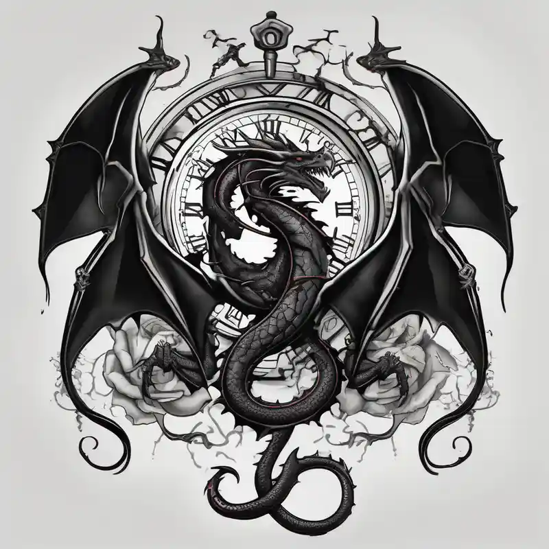 Dark dragon tattoo with clock, dollars and cancer zodiac sign on background glitter tattoo